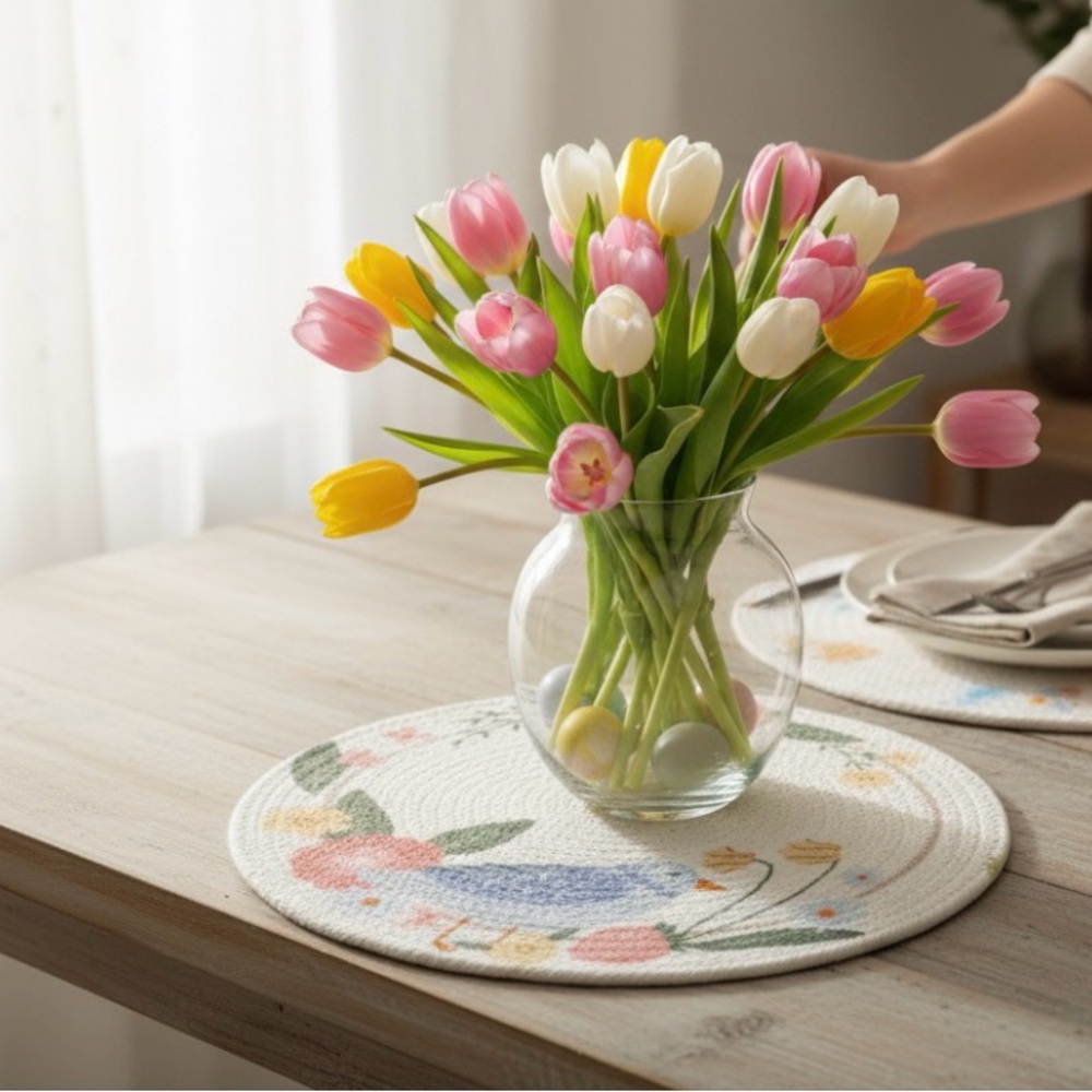Round Braided Bird Placemat Cottagecore Farmhouse Floral 40cm